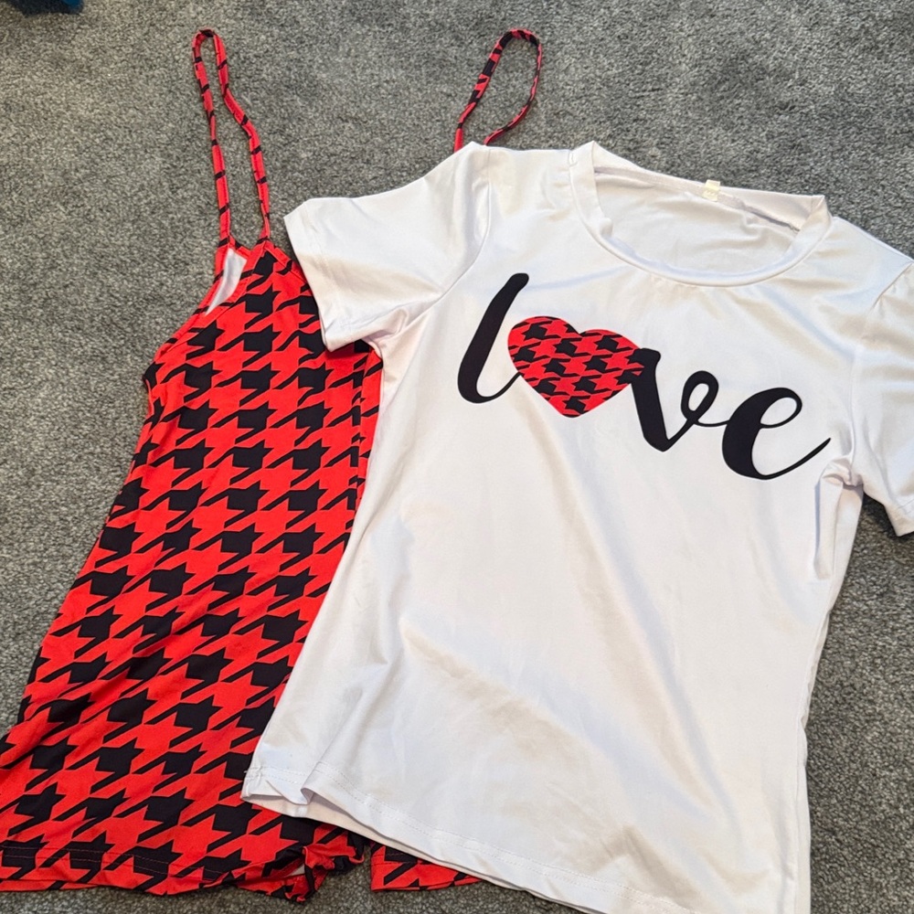 Red and Black Houndstooth Dress with White Love T-Shirt